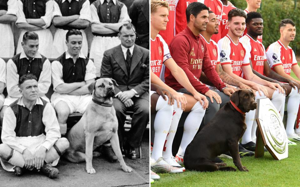 Arsenal 1935-1936 and 2023-24 squads pose with their canine mascots
