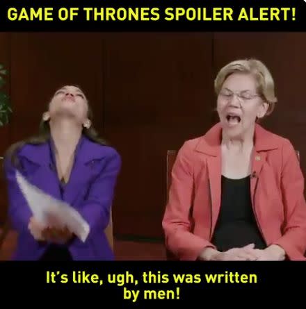 Rep. Alexandria Ocasio-Cortez, D-NY, and Sen. Elizabeth Warren, D-Mass., discuss the end of "Game of Thrones." (Image via Twitter)