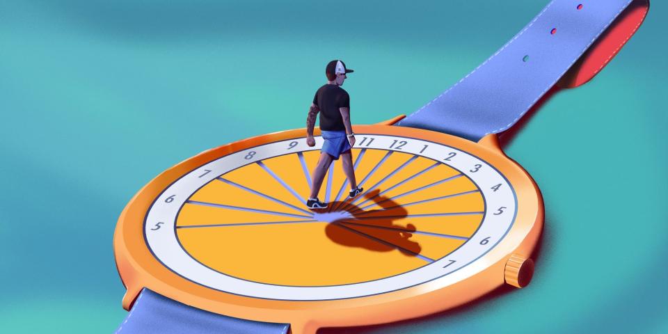 An illustration of a man walking on a large watch.