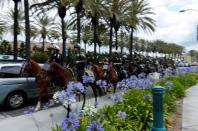 <p>Members of the Anaheim Police Department and the Orange County Sheriff’s Department patrol on horseback before Republican presidential candidate Donald Trump speaks at a campaign event in Anaheim, Calif., on May 25, 2016. (Reuters/Mike Blake) </p>