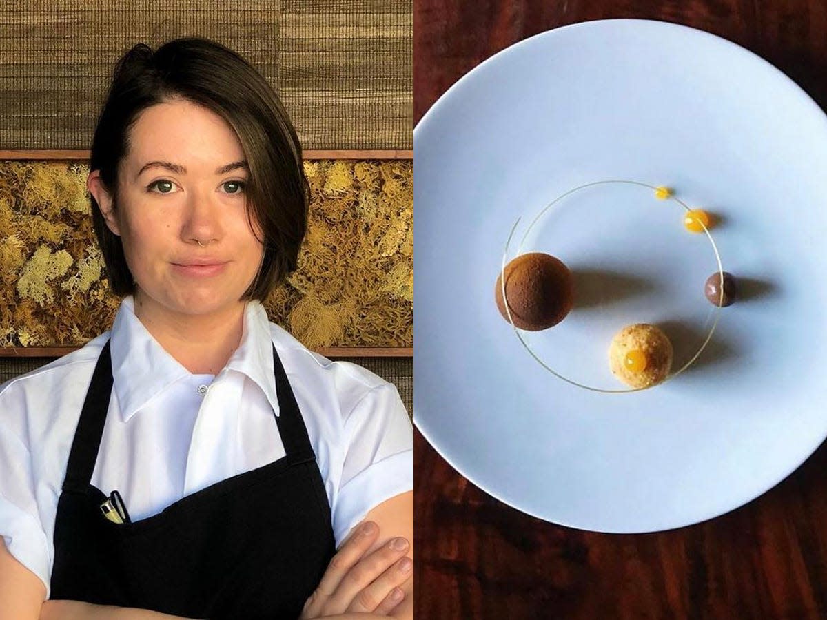 (left) riley posing in chef's apron (right) plate of fancy dessert at restaurant