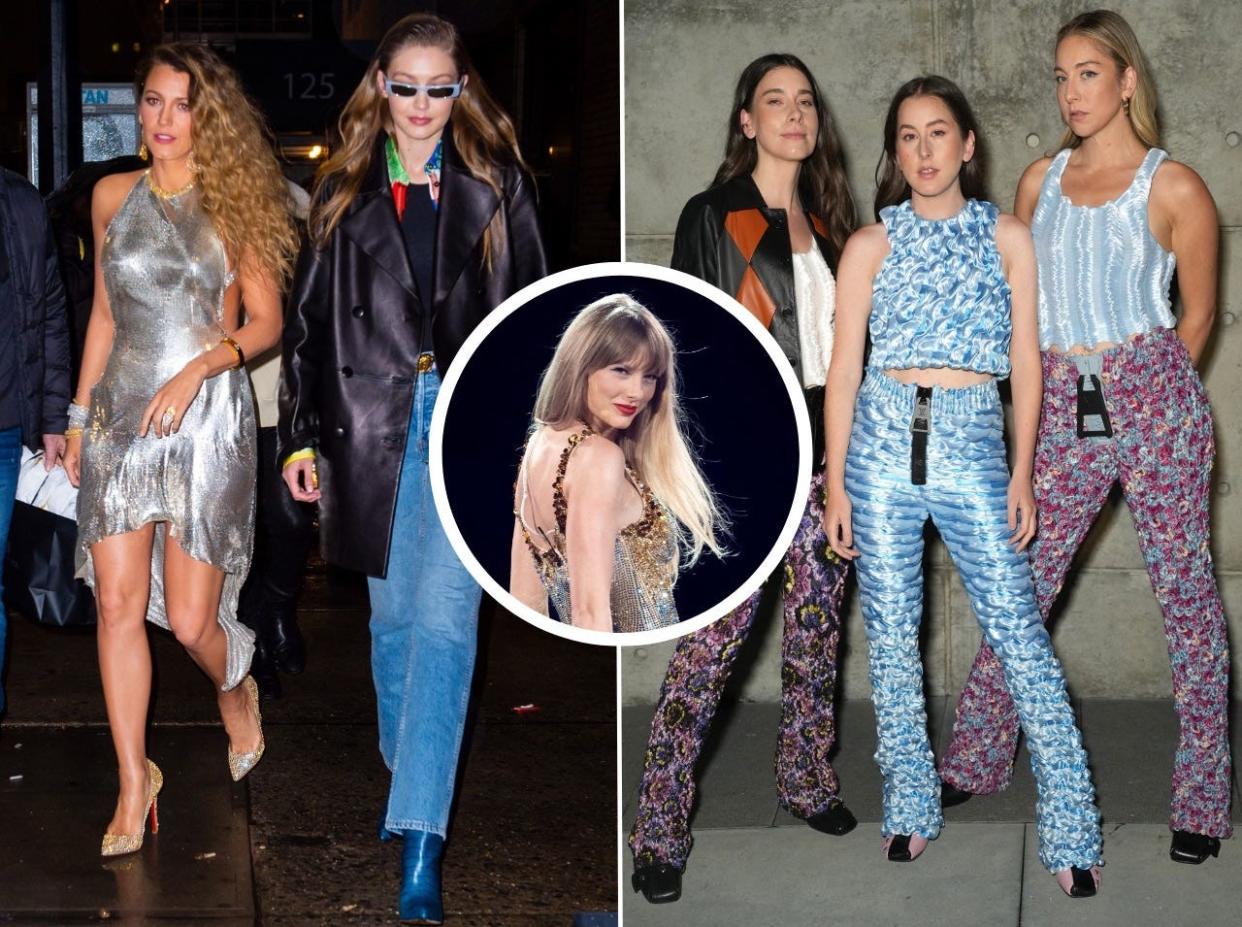 Blake lively and Gigi Hadid (L), Taylor Swift (C), Danielle Haim, Alana Haim, and Este Haim (R).