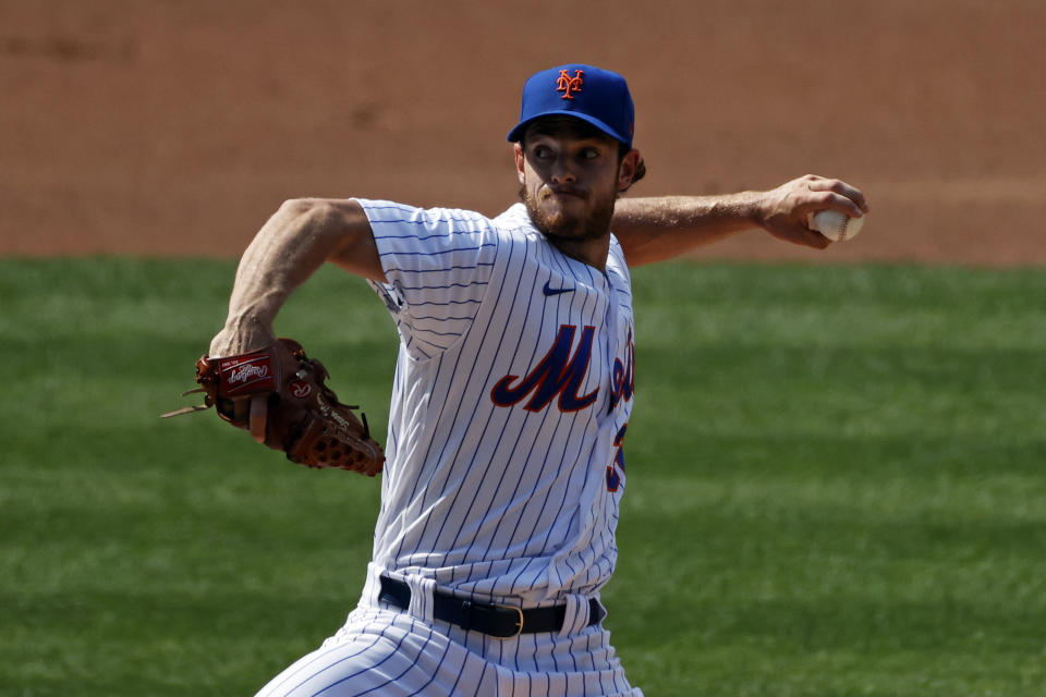 New York Mets pitcher Steven Matz delivers against the Atlanta Braves during the first inning of a baseball game Saturday, July 25, 2020, in New York. (AP Photo/Adam Hunger)