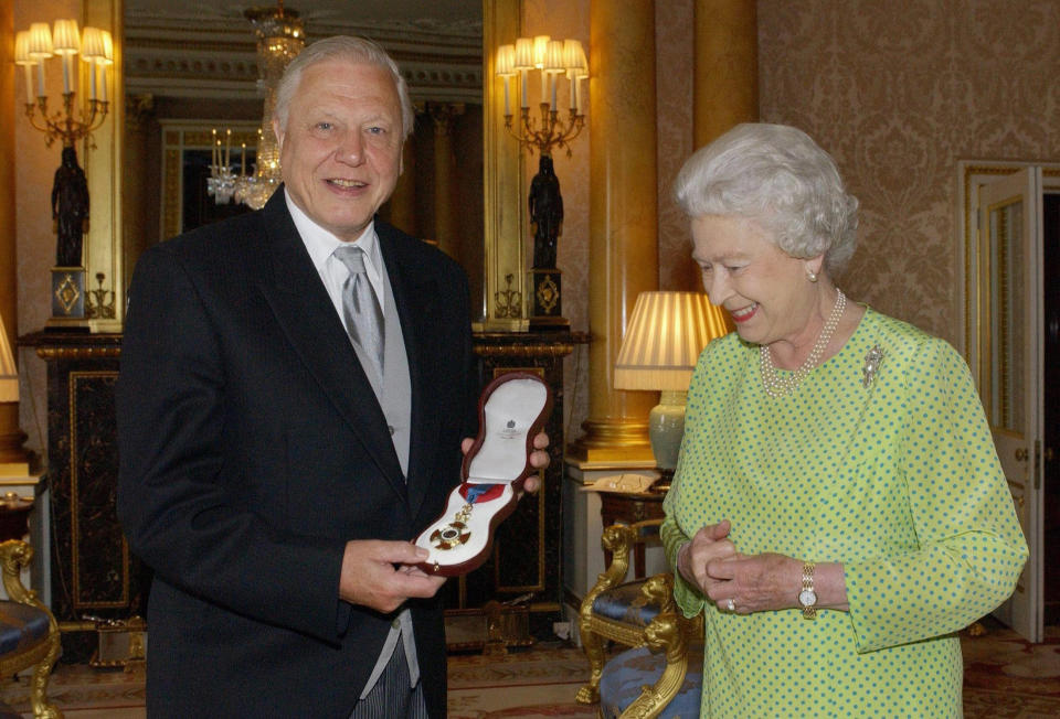 But 20 years later, the Queen went one step better by presenting Sir David Attenborough with the Insignia of the Order of Merit, a personal award recognising exceptional achievements in the advancement of arts, learning, literature and science. (Fiona Hanson/AFP)
