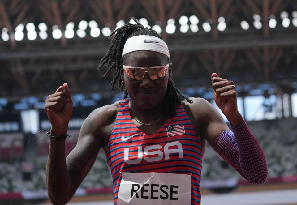 Brittney Reese celebrates after the women's long jump final.