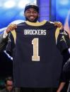 LSU defensive tackle Michael Brockers poses for photographs after being selected as the 14th pick overall by the St. Louis Rams in the first round of the NFL football draft at Radio City Music Hall, Thursday, April 26, 2012, in New York. (AP Photo/Jason DeCrow)