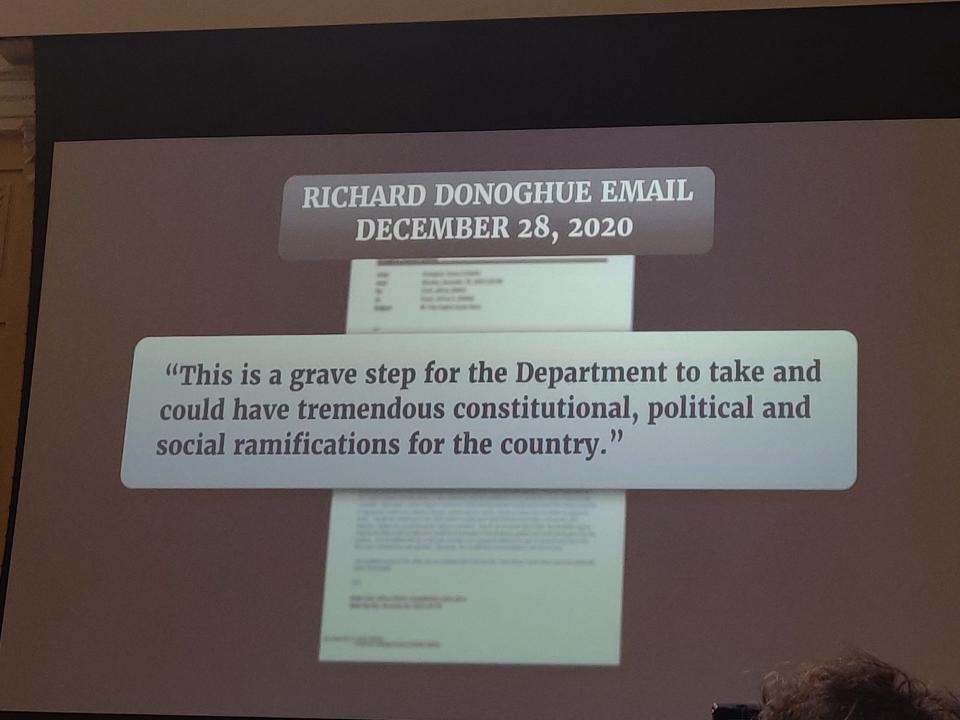 A snapshot of a warning acting deputy attorney general Richard Donoghue issued after being presented with Trump's bogus election fraud scheme.