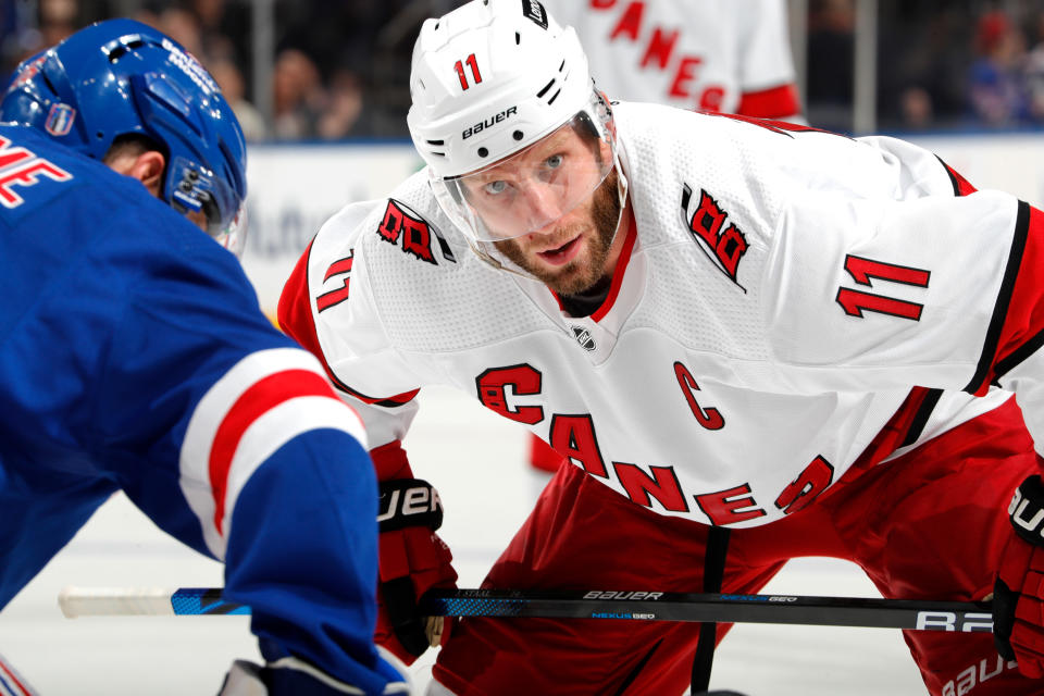 NEW YORK, NY - MAY 24:  Jordan Staal #11 of the Carolina Hurricanes gets ready for a face off against the New York Rangers in Game Four of the Second Round of the 2022 Stanley Cup Playoffs at Madison Square Garden on May 24, 2022 in New York City. (Photo by Jared Silber/NHLI via Getty Images)