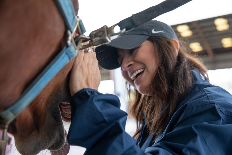 Maggie Cano laughs as Patton, a chestnut colored horse, yawns at Glenoak Therapeutic Riding Center on Tuesday, Nov. 28, 2023, in Corpus Christi, Texas. Cano volunteered with TAMUCC staff to help groom horses at the riding center.