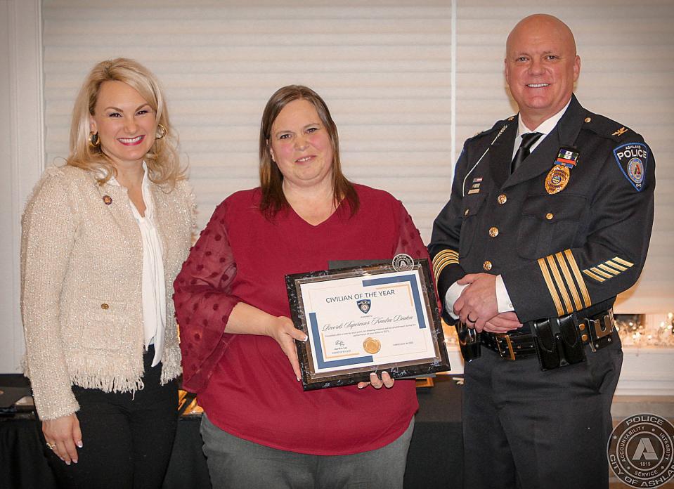 2021 Civilian of the Year L to R; State Rep. Melanie Miller, Records Supervisor Kendra Deaton, Chief David Lay