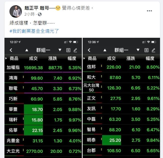 趙正平股票一片綠油油。（圖／翻攝自趙正平臉書）