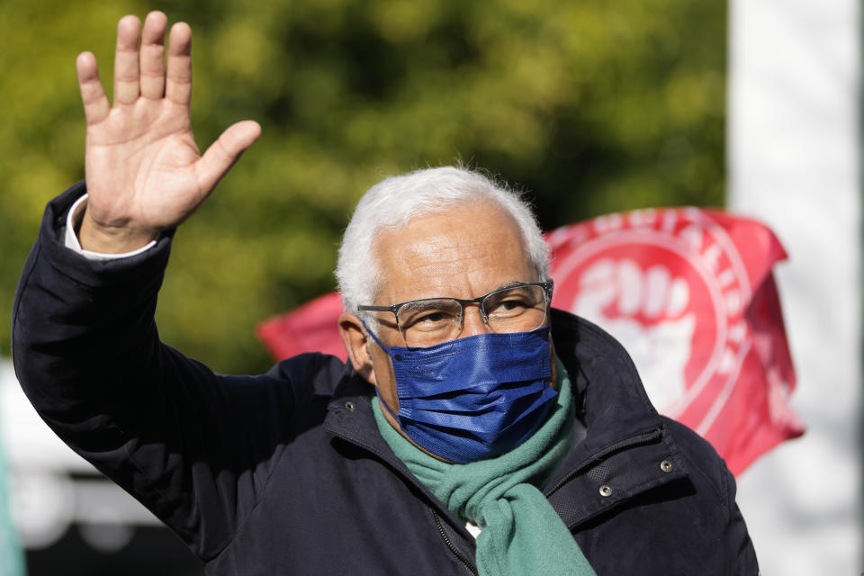 Portuguese Prime Minister and Socialist Party Secretary General Antonio Costa waves during an election campaign event in the outskirts of Lisbon, Thursday, Jan. 27, 2022. Portugal holds a general election on Jan. 30. (AP Photo/Armando Franca)