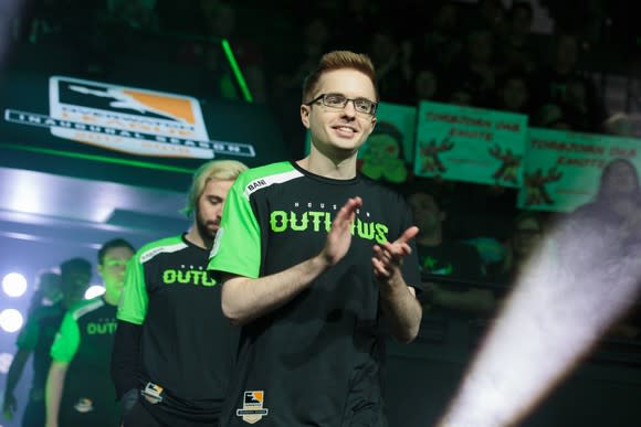 Overwatch League team Houston Outlaws entering Blizzard arena.