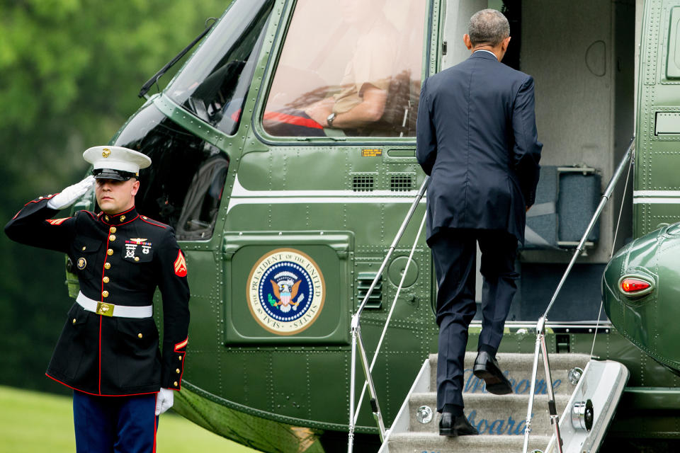 <p>President Obama boards Marine One on the South Lawn of the White House, June 16, 2016, for the short trip to Andrews Air Force Base and then on to Orlando, Fla. (AP/Andrew Harnik) </p>