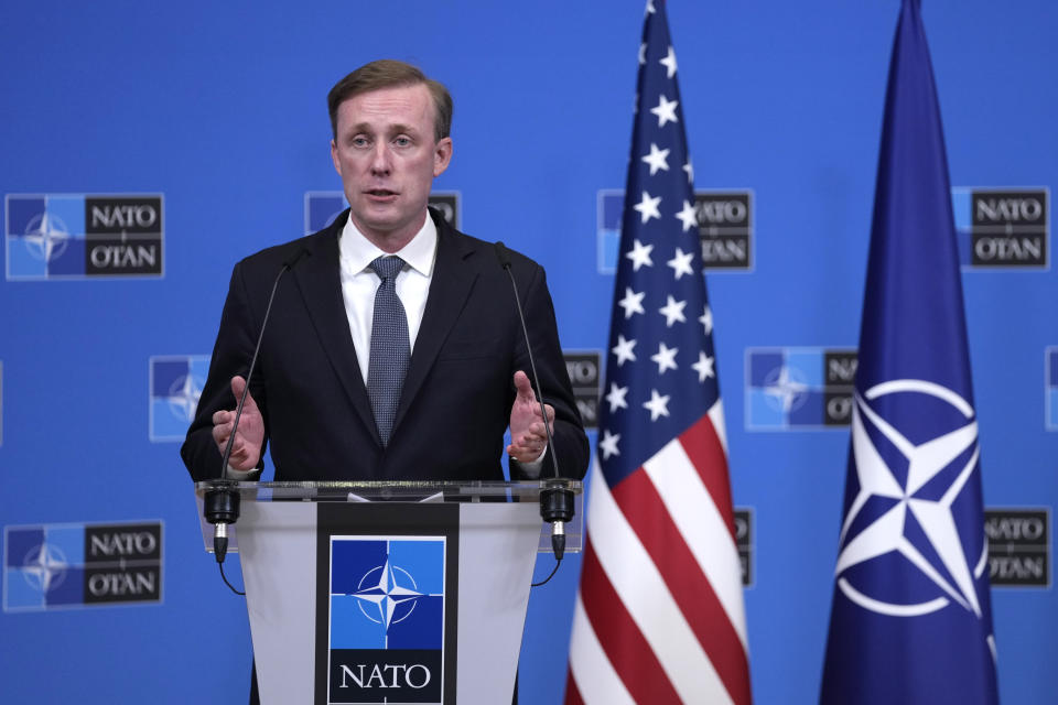 United States National Security Advisor Jake Sullivan addresses a media conference at NATO headquarters in Brussels, Wednesday, Feb. 7, 2024. (AP Photo/Virginia Mayo)