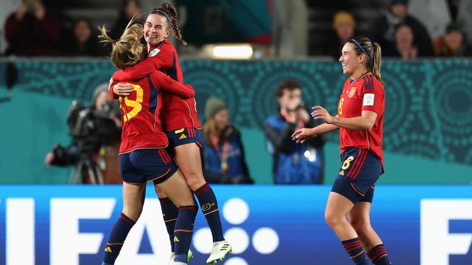 Abelleira celebrates with her teammates after scoring Spain's first goal. - Buda Mendes/Getty Images