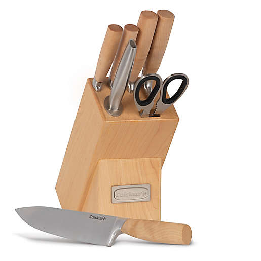 Cuisinart Canadian Maple Wood 8-Piece Knife Block Set with five knives, scissors, sharpener, and wooden knife block