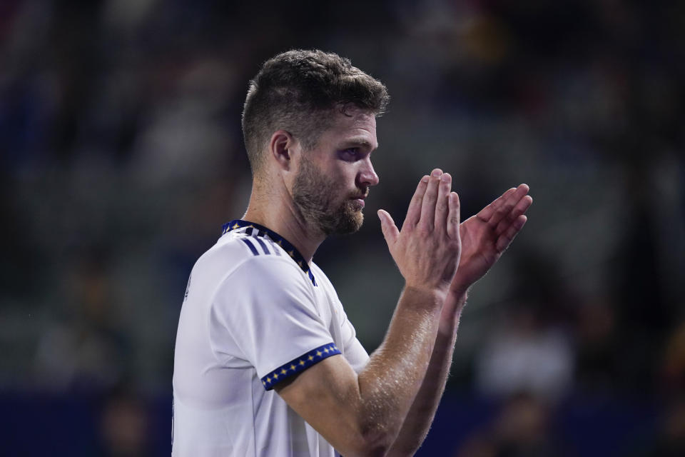 LA Galaxy defender Eriq Zavaleta greets the crowd after the team's 3-3 tie in an MLS soccer match against the Portland Timbers, Saturday, Sept. 30, 2023, in Carson, Calif. (AP Photo/Ryan Sun)