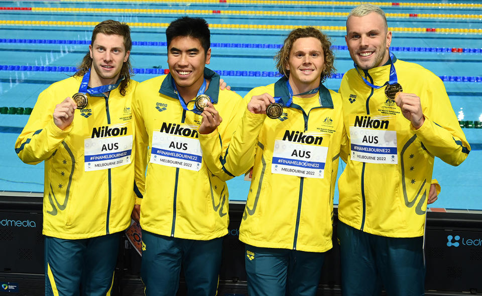 Matthew Temple, Joshua Yong, Isaac Cooper and Kyle Chalmers, pictured here posing with their gold medals.