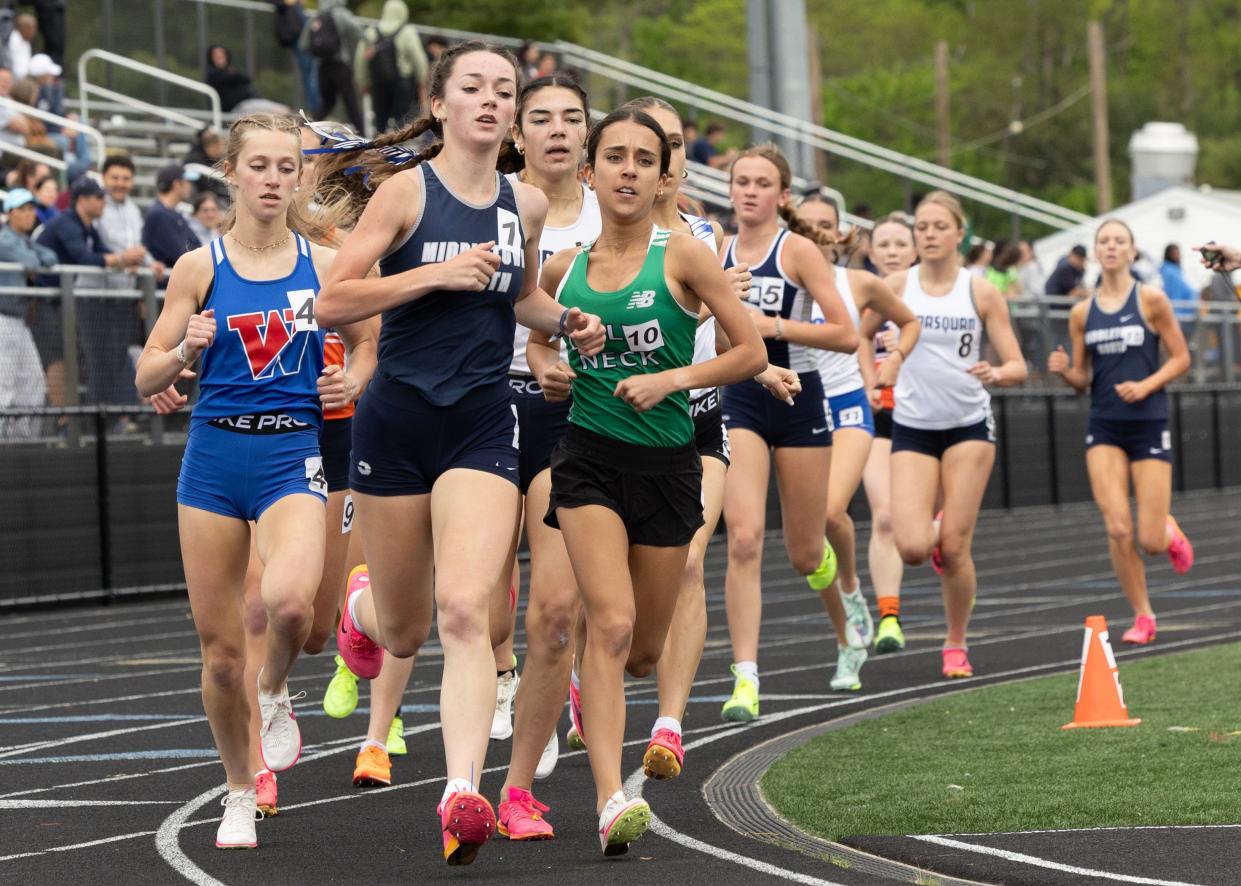 Middletown South’s Rosemay Shay takes the lead and keeps in in the girls 1600 Meter Run. Monmouth County Track Championships at Monmouth Regional in Tinton Falls on May 9, 2024.