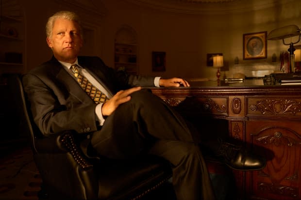 President Bill Clinton (Clive Owen) in his signature suit and printed tie.<p>Photo: Kurt Iswarienko/Courtesy of FX</p>