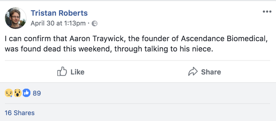<em>Traywick’s colleague Tristan Roberts confirmed the news on Facebook (Picture: Facebook/Tristan Roberts)</em>