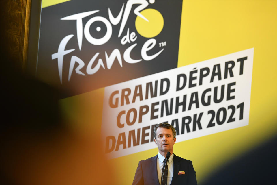 Danish Crown Prince Frederik speaks during a press conference on the Tour de France at Copenhagen City Hall, Thursday 21 February 2019. The Tour de France has announced that the 2021 cycle race will start in Denmark. (Mads Claus Rasmussen / Scanpix 2019 via AP)