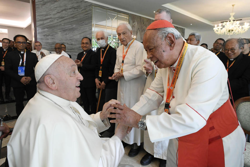 Pope Francis meets with about 200 Jesuits at the Apostolic Nunciature of Jakarta, September 4, 2024 in Jakarta, Indonesia. Pope Francis has begun his longest papal tour to date, visiting Indonesia before heading to Papua New Guinea, East Timor and Singapore. / Credit: Divisione Produzione Fotografica/Getty