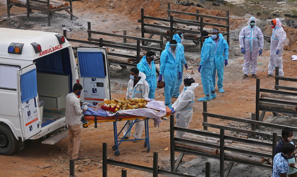 A makeshift cremation ground in Giddenahalli on the outskirts of Bangalore, India is pictured.