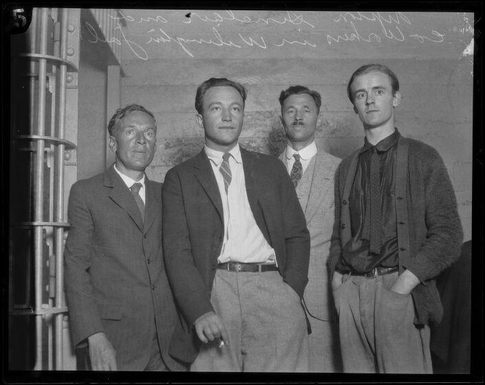 Upton Sinclair, left, Hunter Kimbrough, Pryns Hopkins and Hugh Hardyman in jail in a black and white photo