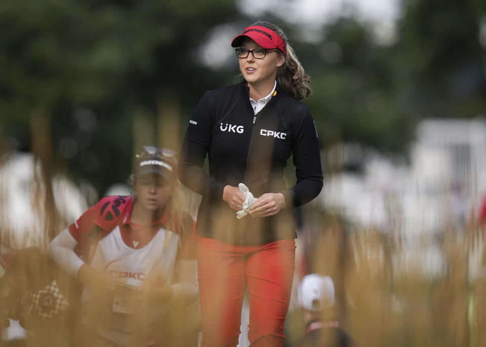 Brooke Henderson, of Canada, walks to the 18th tee during the second round at the CPKC Canadian Women's Open golf tournament in Vancouver, Friday, Aug. 25, 2023. (Darryl Dyck/The Canadian Press via AP)