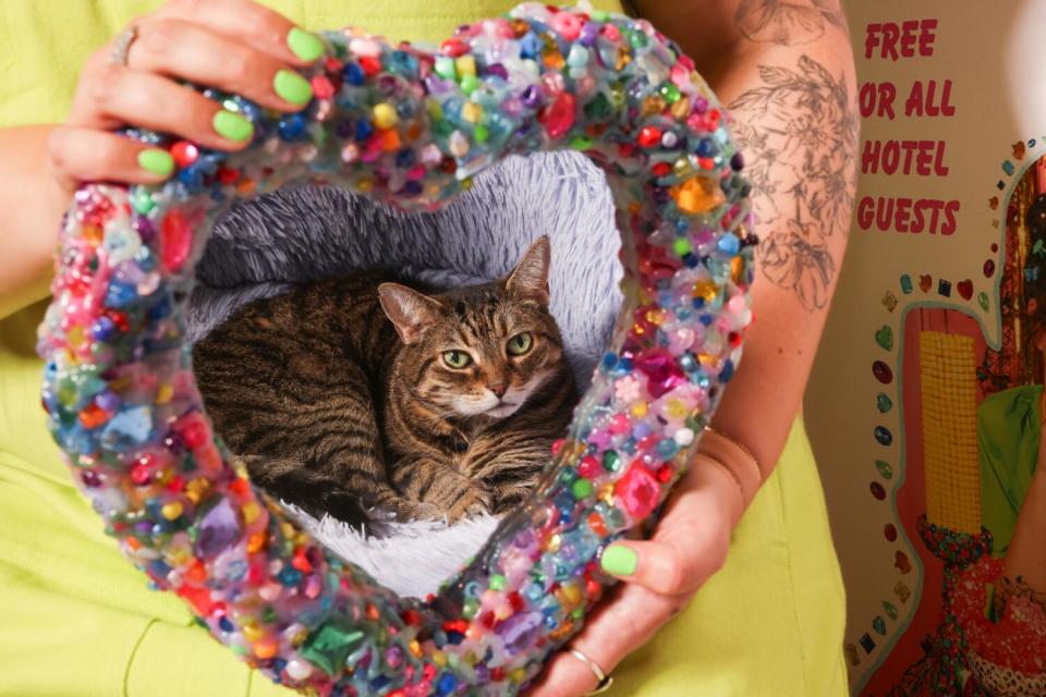 A beaded heart frames a mirror that shows a reflection of a cat