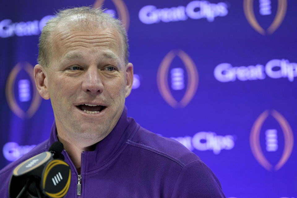 Washington head coach Kalen DeBoer participates during media day ahead of the national championship NCAA College Football Playoff game between Washington and Michigan Saturday, Jan. 6, 2024, in Houston. The game will be played Monday. (AP Photo/David J. Phillip)