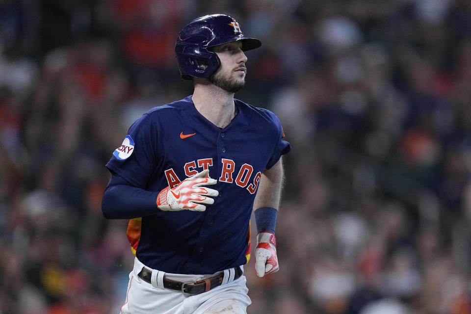Houston Astros' Kyle Tucker runs the bases after hitting his second RBI triple during the sixth inning of a baseball game against the San Diego Padres, Sunday, Sept. 10, 2023, in Houston. (AP Photo/Kevin M. Cox)