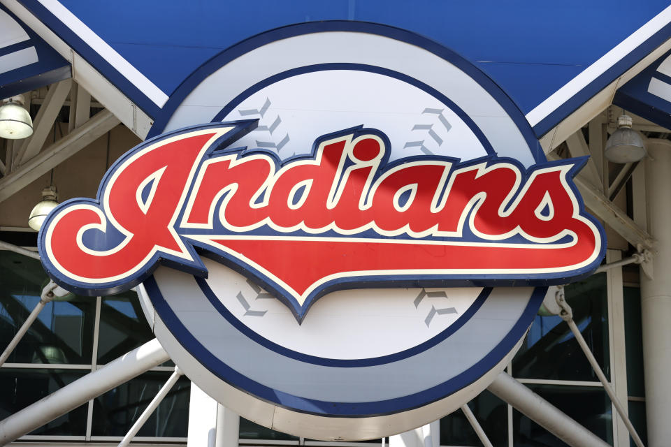 The Cleveland Indians team logo on the main sign outside Progressive Field.