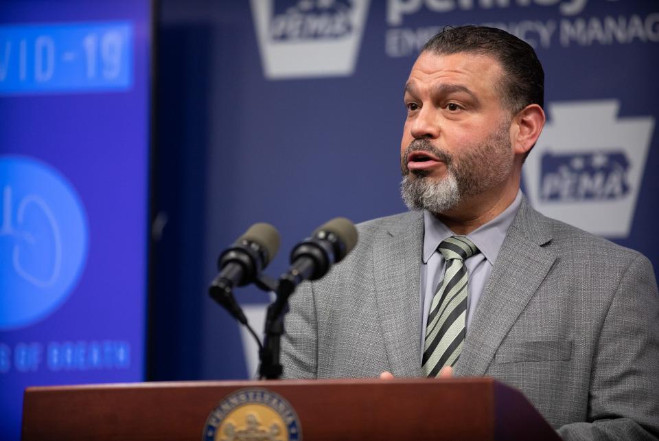 Pennsylvania Secretary of Education Pedro A. Rivera answers questions from the news media during Monday, March 9, after the state announced the total number of coronavirus cases went up to 10.