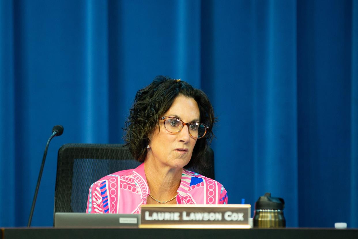 Leon County Schools board member Laurie Lawson Cox listens during a board meeting on Tuesday, Aug. 22, 2023.