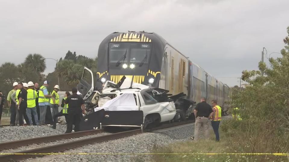 A Brightline train struck an SUV that was on the railroad tracks Friday afternoon, killing one person -- just two days after a Brightline train crashed into another vehicle on the tracks at the same crossing, the Melbourne Police Department said.