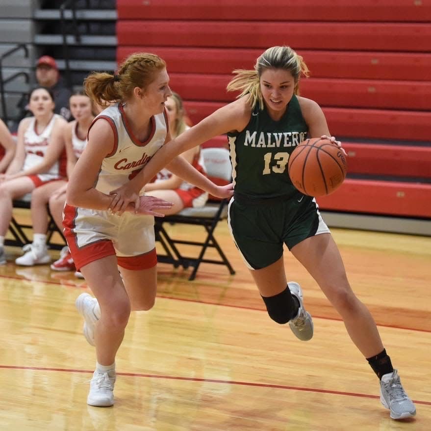 Malvern's Maddie Powers drives to the hoop during a girls high school basketball game at Sandy Valley.