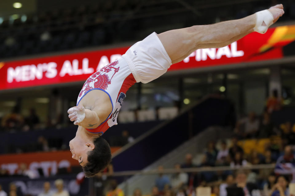 Russia's Artur Dalaloyan performs on the floor during the Men's All-Around Final of the Gymnastics World Chamionships at the Aspire Dome in Doha, Qatar, Wednesday, Oct. 31, 2018. (AP Photo/Vadim Ghirda)