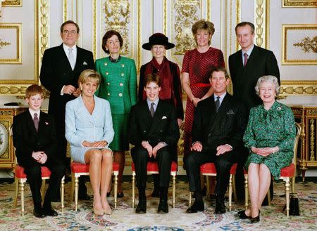 Members of the British Royal Family sit for an official portrait in the white drawing room at Windsor Castle after Prince William's confirmation at St Georges Chapel. Pictured are, (Left to Right Front Row) Prince Harry, Diana Princess of Wales, Prince William, the Prince of Wales, Queen Elizabeth II, (back row Left to Right) King Constatine of Greece, Lady Susan Hussey, Princess Alexandra, the Duchess of Westminster, and Lord Romsey, March 9. REUTERS/POOL