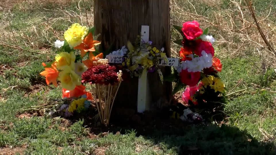 A makeshift memorial for Veronica Butler and Jilian Kelley is seen near where their car was found. - KFDA