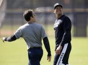 New York Yankees' Alex Rodriguez (R) looks up at a helicopter circling the Yankees minor league complex for spring training in Tampa, Florida February 23, 2015. REUTERS/Scott Audette (UNITED STATES - Tags: SPORT BASEBALL)