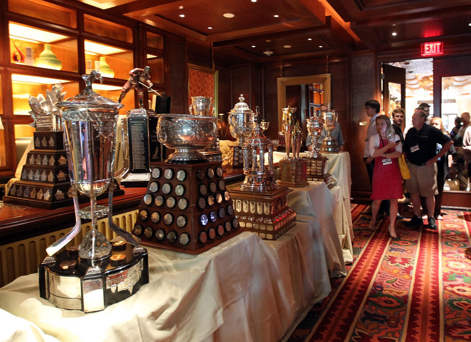 LAS VEGAS, NV - JUNE 19: The NHL hardware that will be awarded Wednesday evening was on display during the NHL Awards nominee media availability at the Wynn Las Vegas Resort on June 19, 2012 in Las Vegas, Nevada. (Photo by Bruce Bennett/Getty Images)