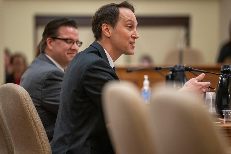 Wisconsin Chief Medical Officer Dr. Ryan Westergaard testifies in favor of school vaccine mandates  Tuesday, March 7, 2023, during a hearing on mandated immunizations before the Joint Committee for Review of Administrative Rules at the Capitol in Madison, Wis.