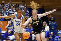 Duke's Reigan Richardson (24) battles for the ball with Colorado's Frida Formann (3) during the first half of a second-round college basketball game in the NCAA Tournament, Monday, March 20, 2023, in Durham, N.C. (AP Photo/Karl B. DeBlaker)