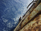 This image provided by I.R. Consilium taken in 2019, shows deterioration on the FSO Safer, moored off Ras Issa port, Yemen. Houthi rebels are blocking the United Nations from inspecting the abandoned oil tanker loaded with more than one million barrels of crude oil. UN officials and experts fear the tanker could explode or leak, causing massive environmental damage to Red Sea marine life. (I.R. Consilium via AP)