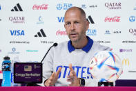 Head coach Gregg Berhalter of the United States attends a press conference on the eve of the group B World Cup soccer match between Iran and the United States in Doha, Qatar, Monday, Nov. 28, 2022. (AP Photo/Ashley Landis)