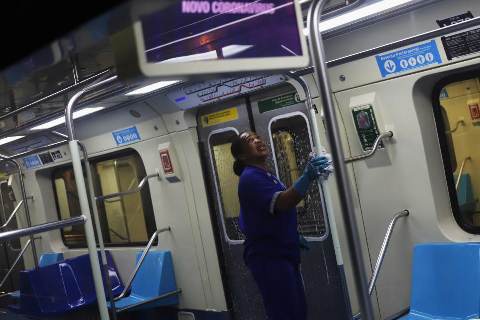 A cleaner works on the disinfection of a subway train as a measure against the coronavirus disease (COVID-19) in Sao Paulo, Brazil