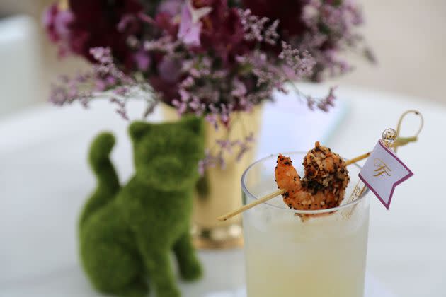 Guests were served a basil lemonade “Fancy Feast Style,” garnished with a shrimp coated in an everything bagel seasoning, an ode to the event’s New York City venue.